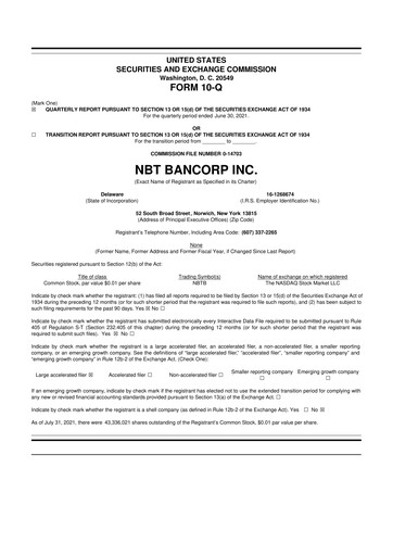 Thumbnail NBT Bancorp 10-Q Quarterly Report FY2021 
