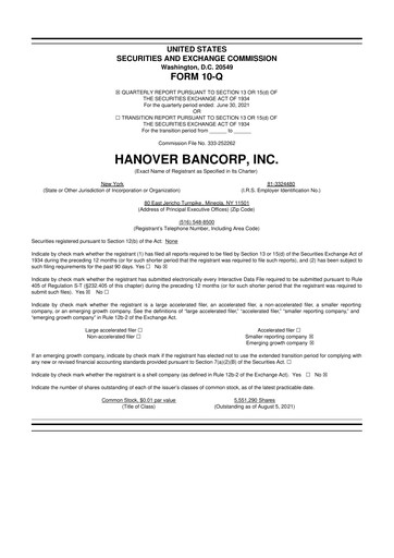 Miniature Hanover Bancorp 10-Q Rapport trimestriel 2021 