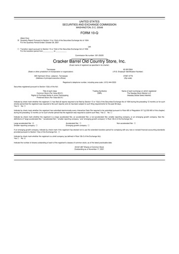 Miniature Cracker Barrel 10-Q Rapport trimestriel 2022 