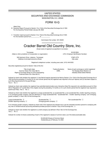 Miniature Cracker Barrel 10-Q Rapport trimestriel 2022 