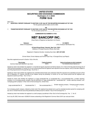 Thumbnail NBT Bancorp 10-Q Quarterly Report FY2022 