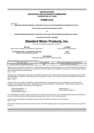 Thumbnail Standard Motor Products 10-Q Quarterly Report FY2022 
