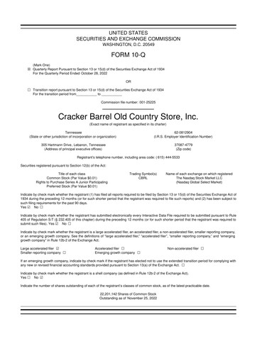 Miniature Cracker Barrel 10-Q Rapport trimestriel 2023 