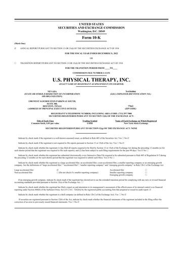 Miniature U.S. Physical Therapy, Inc. 10-K Rapport annuel 2022