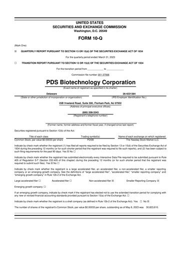 Miniature PDS Biotechnology
 10-Q Rapport trimestriel 2023 