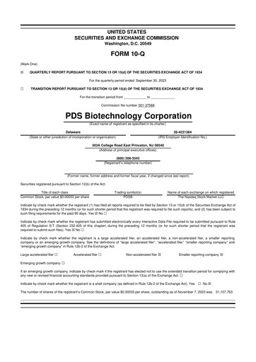 Miniature PDS Biotechnology
 10-Q Rapport trimestriel 2023 