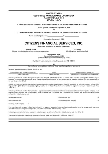 Miniature Citizens Financial Services 10-Q Rapport trimestriel 2025 