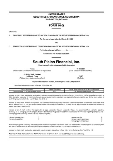 Miniature South Plains Financial 10-Q Rapport trimestriel  