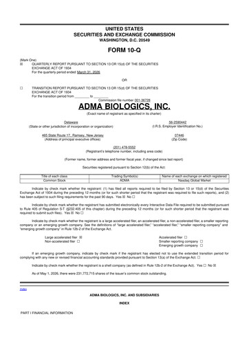 Miniature ADMA Biologics
 10-Q Rapport trimestriel  