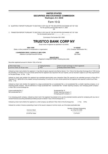 Thumbnail Trustco Bank 10-Q Quarterly Report FY 