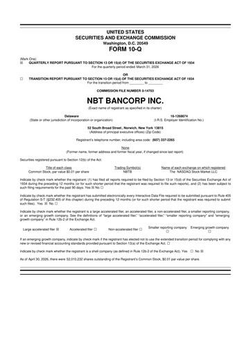 Thumbnail NBT Bancorp 10-Q Quarterly Report FY 