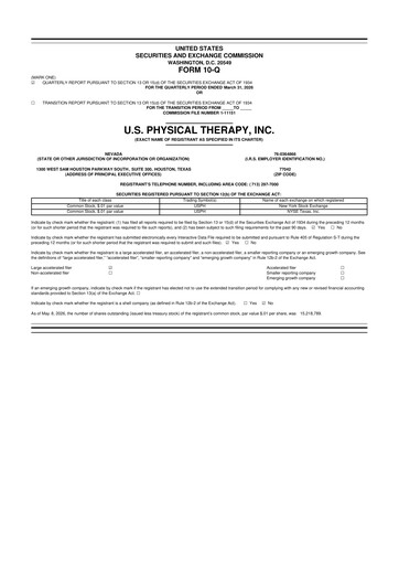 Thumbnail U.S. Physical Therapy, Inc. 10-Q Quarterly Report FY 