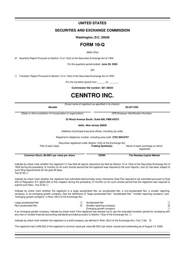 Thumbnail Cenntro Inc. 10-Q Quarterly Report FY2026 