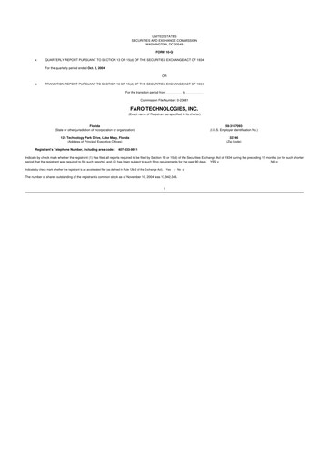 Miniature Faro Technologies
 10-Q Rapport trimestriel  