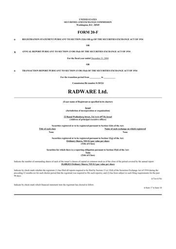 Thumbnail Radware 20-F Annual Report 