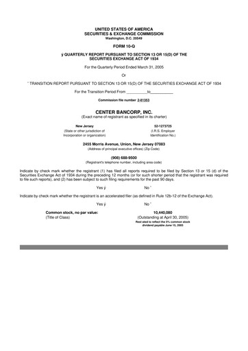 Miniature ConnectOne Bancorp 10-Q Rapport trimestriel  