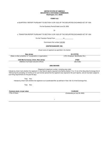 Miniature ConnectOne Bancorp 10-Q Rapport trimestriel  