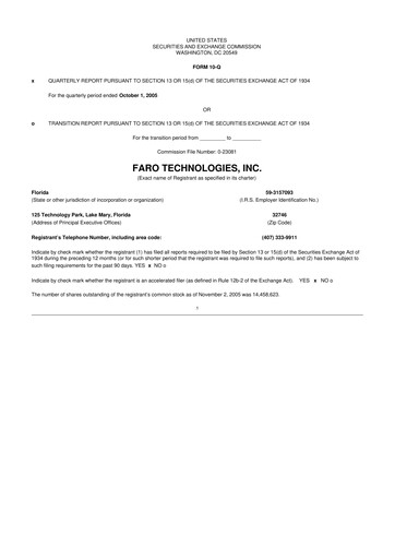 Miniature Faro Technologies
 10-Q Rapport trimestriel  
