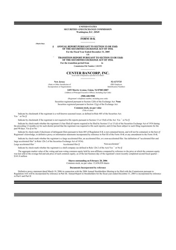 Miniature ConnectOne Bancorp 10-K Rapport annuel 