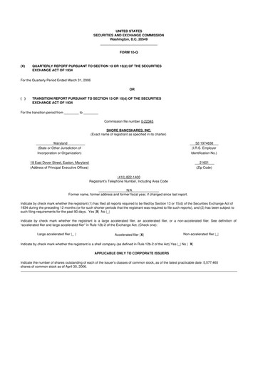 Thumbnail Shore Bancshares 10-Q Quarterly Report FY 