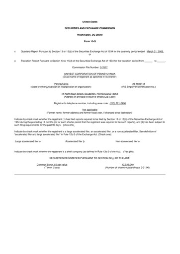 Thumbnail Univest Financial Corporation 10-Q Quarterly Report FY 