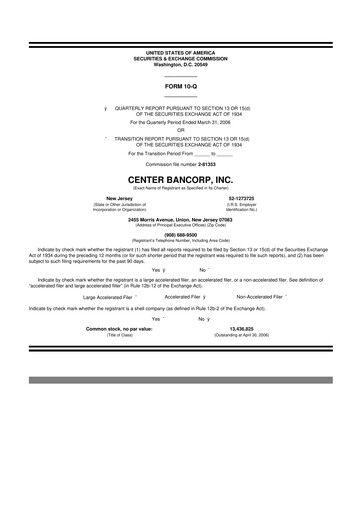 Miniature ConnectOne Bancorp 10-Q Rapport trimestriel  