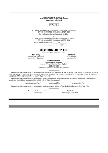 Miniature ConnectOne Bancorp 10-Q Rapport trimestriel  