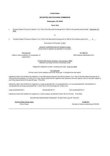 Thumbnail Univest Financial Corporation 10-Q Quarterly Report FY 