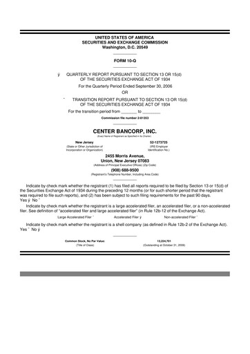 Miniature ConnectOne Bancorp 10-Q Rapport trimestriel  