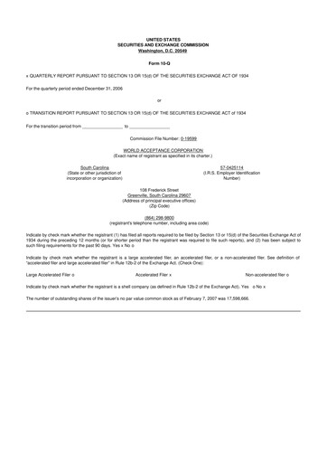 Thumbnail World Acceptance Corporation 10-Q Quarterly Report FY 