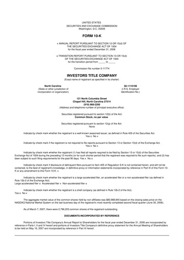 Thumbnail Investors Title Company
 10-K Annual Report 