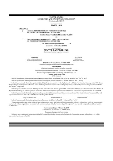 Miniature ConnectOne Bancorp 10-K Rapport annuel 