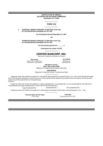 Miniature ConnectOne Bancorp 10-Q Rapport trimestriel  