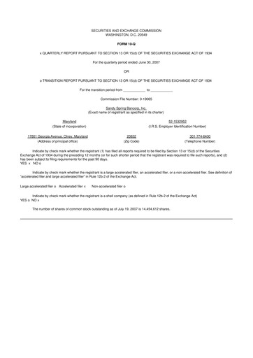 Thumbnail Sandy Spring Bank 10-Q Quarterly Report FY 