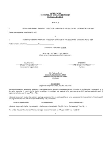 Thumbnail World Acceptance Corporation 10-Q Quarterly Report FY 