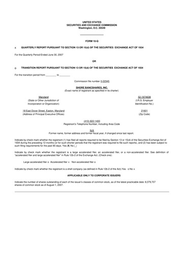 Thumbnail Shore Bancshares 10-Q Quarterly Report FY 