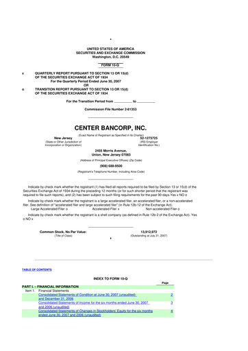 Miniature ConnectOne Bancorp 10-Q Rapport trimestriel  