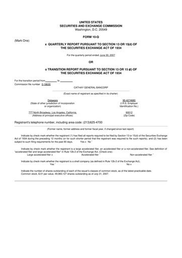 Thumbnail Cathay General Bancorp 10-Q Quarterly Report FY 