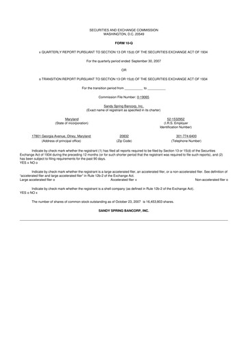 Thumbnail Sandy Spring Bank 10-Q Quarterly Report FY 