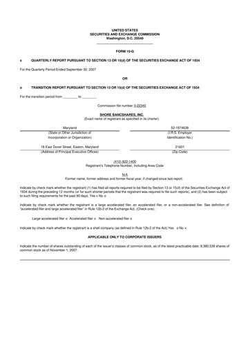 Thumbnail Shore Bancshares 10-Q Quarterly Report FY 