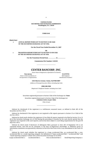 Miniature ConnectOne Bancorp 10-K Rapport annuel 