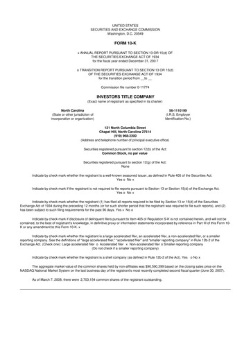 Thumbnail Investors Title Company
 10-K Annual Report 