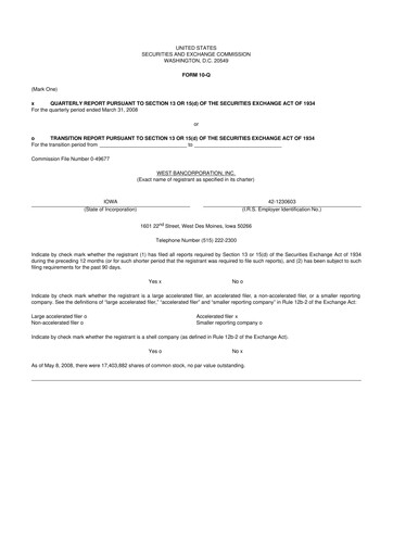 Thumbnail West Bancorporation 10-Q Quarterly Report FY 