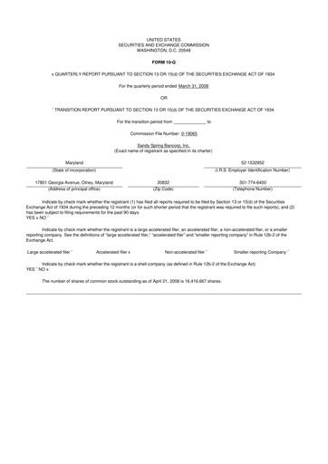 Thumbnail Sandy Spring Bank 10-Q Quarterly Report FY 