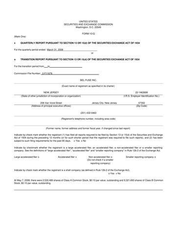 Thumbnail Bel Fuse 10-Q Quarterly Report FY 