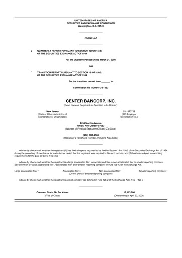 Miniature ConnectOne Bancorp 10-Q Rapport trimestriel  