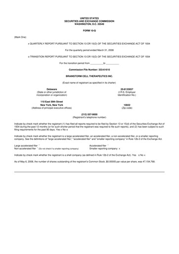 Thumbnail BrainStorm Cell Therapeutics 10-Q Quarterly Report FY 
