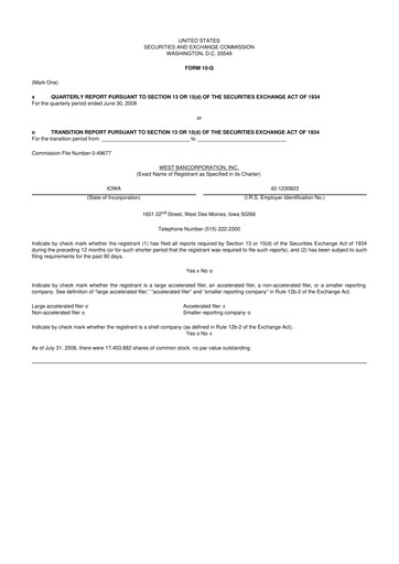 Thumbnail West Bancorporation 10-Q Quarterly Report FY 