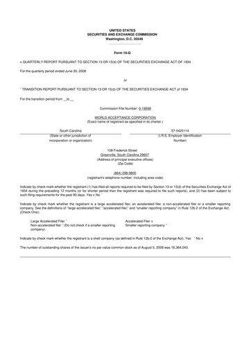 Thumbnail World Acceptance Corporation 10-Q Quarterly Report FY 