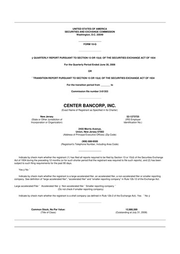 Miniature ConnectOne Bancorp 10-Q Rapport trimestriel  